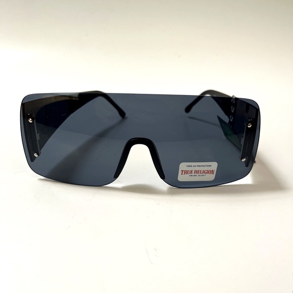 New Original TRUE RELIGION Shield Sunglasses Black Acetate Rimless Wide Leg - Picture 2 of 6
